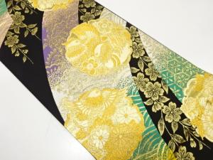 山川清雪輪に鴛鴦・枝垂れ桜模様織り出し　振袖用袋帯